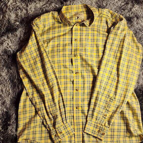 L.L. Bean Button Up Shirt Mens Large Yellow Check Traditional Fit - Picture 1 of 8